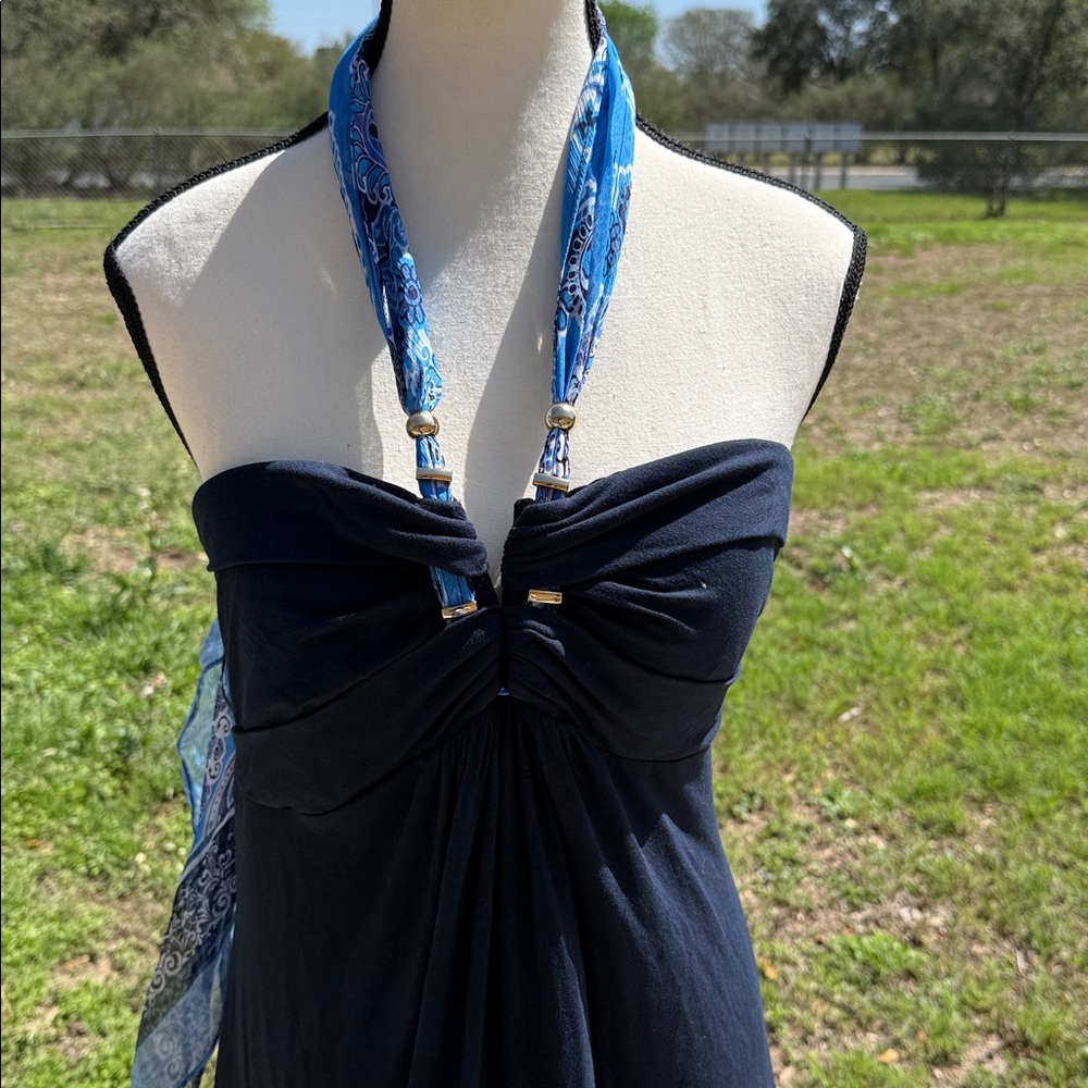 NWT Cache Silk Navy Blue Halter Maxi Dress